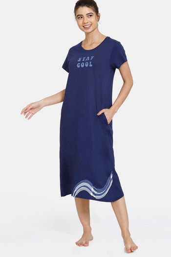 Buy Zivame Optics Fun Knit Cotton Mid Length Nightdress -Medieval Blue